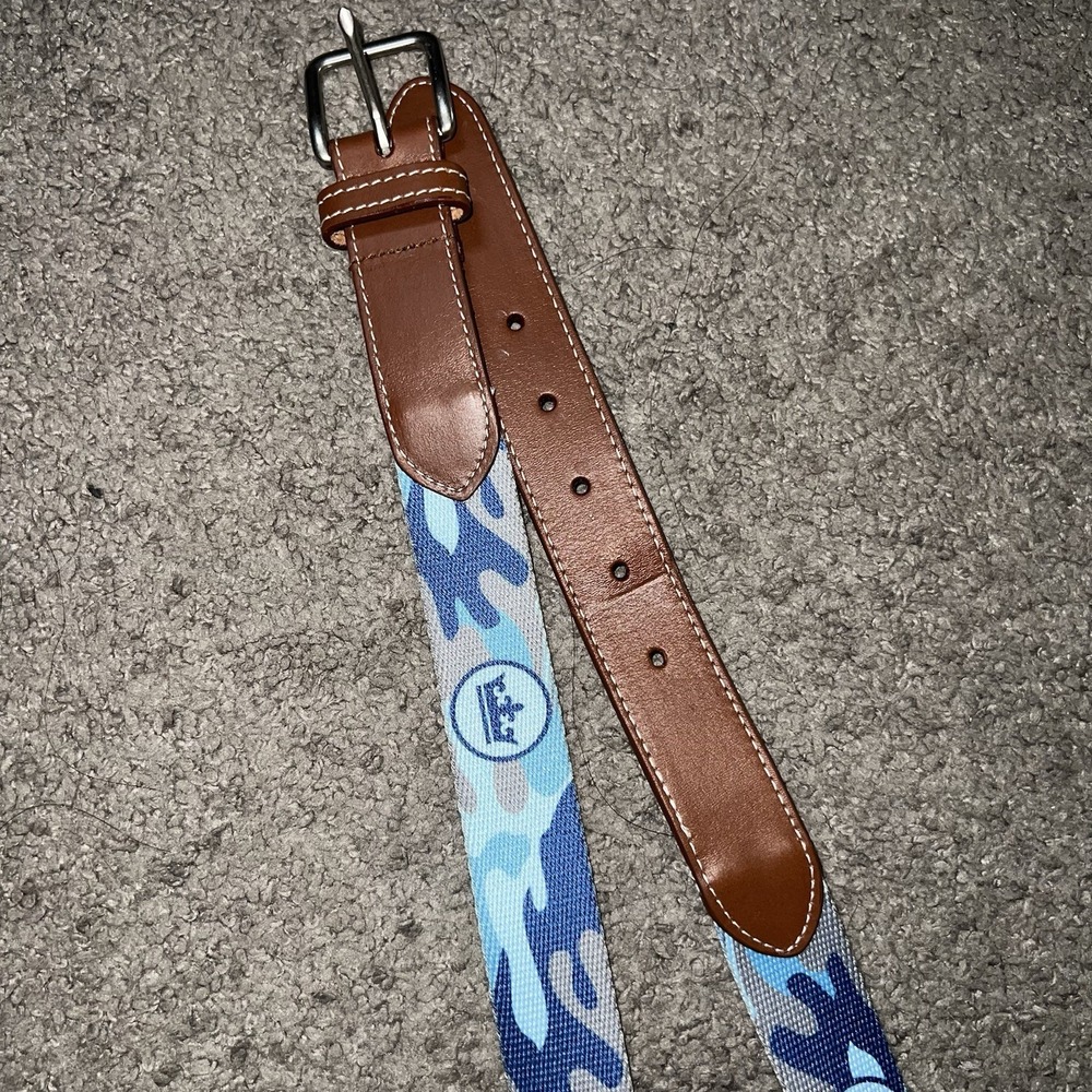 Peter Millar Blue Camo Print Canvas and Leather Belt Size 42